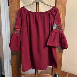 Red Bell-Sleeved Top with Embroidery Details, Size M